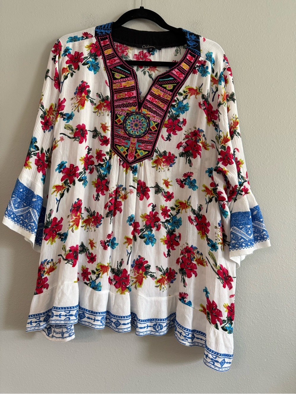 Calessa Embroidery Floral Tunic Top V Neck Boho 1X